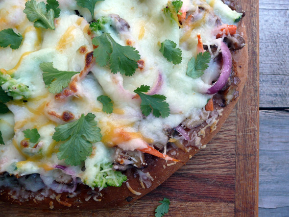 Teriyaki Chicken Pizza with Broccoli, Cucumber, Carrot, & Red Onion