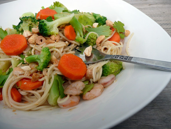 Faster than fast food!  Thai Peanut Noodles with Broccoli, Shrimp and Carrots