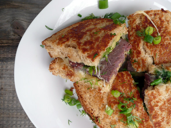 Toasted Corned Venison & Gouda Sandwich with Dill and Green Onion