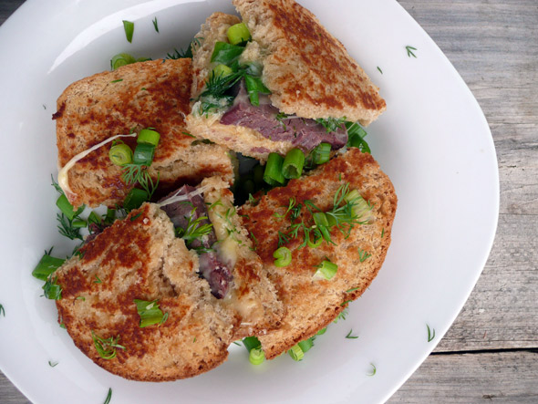 Toasted Corned Venison & Gouda Sandwich with Dill and Green Onion