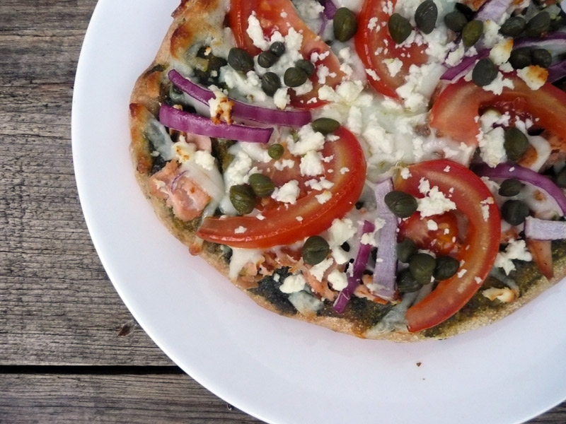 Pesto Salmon Pizza with Capers & Feta Cheese