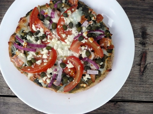 Pesto Salmon Pizza with Capers & Feta Cheese