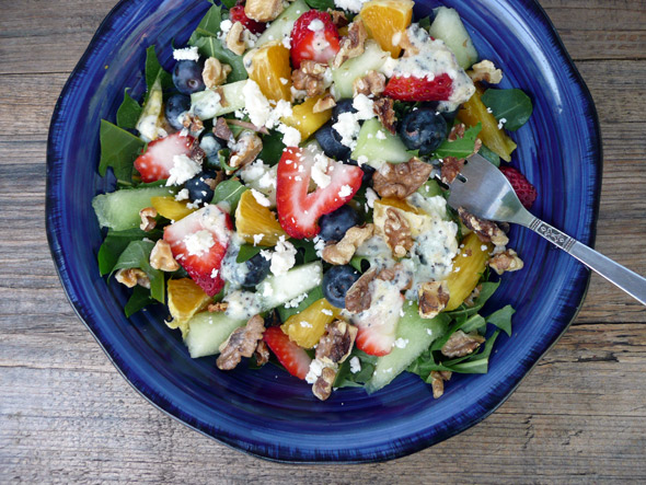 Rainbow Fruit Salad on Wild Greens with Toasted Walnuts & Feta Cheese