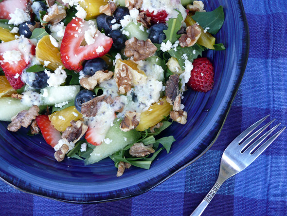 Rainbow Fruit Salad on Wild Greens with Toasted Walnuts & Feta Cheese