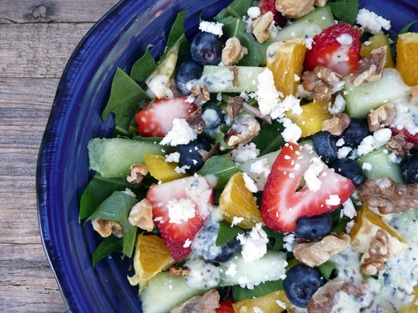 Rainbow Fruit Salad on Wild Greens with Toasted Walnuts & Feta Cheese