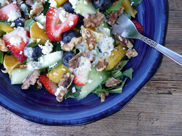Rainbow Symphony Fruit Salad on Wild Greens with Toasted Walnuts and Feta Cheese