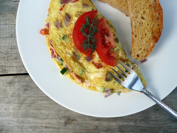 Salmon, Havarti, Blue Cheese & Spring Vegetable Omelet 