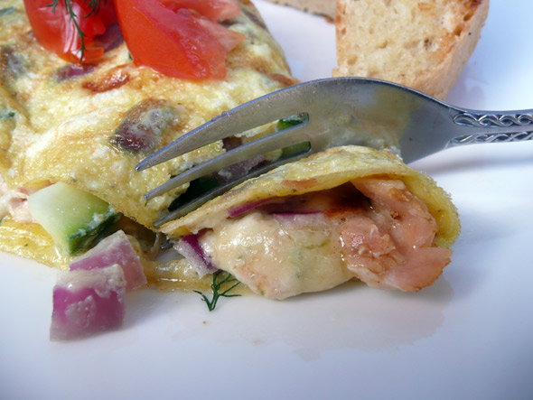 Salmon, Havarti, Blue Cheese & Spring Vegetable Omelet 