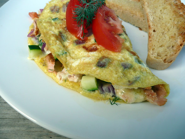 Salmon, Havarti, Blue Cheese & Spring Vegetable Omelet 