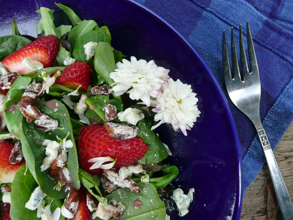 Strawberry Chrysanthemum Salad with Blue Cheese & Cinnamon Pecans