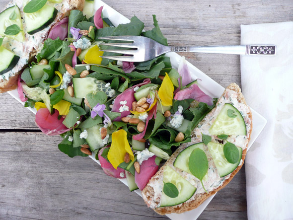 Tulip & Wild Violet Salad with Salmon Cucumber Toast