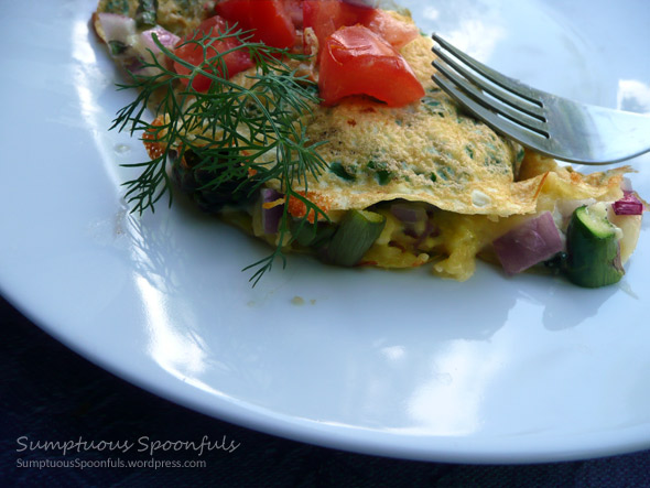 Asparagus Bacon & Smoked Gouda Omelet with Tomato, Dill, & Garlic Scapes