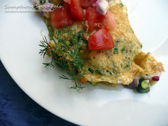 Asparagus, Bacon & Smoked Gouda Omelet with Fresh Tomato, Dill & Garlic Scapes