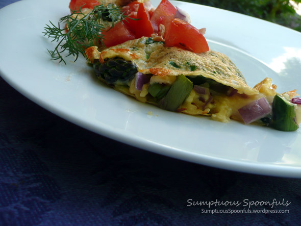 Asparagus, Bacon & Smoked Gouda Omelet with Fresh Tomato, Dill & Garlic Scapes