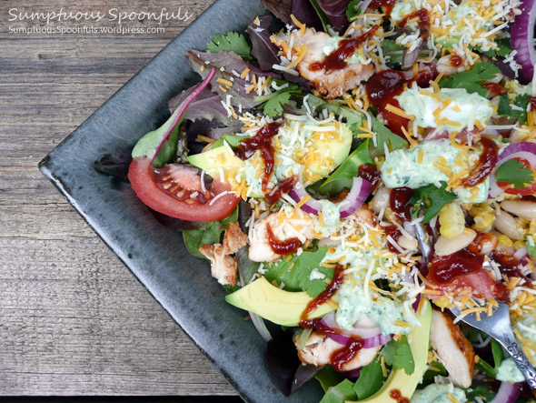 Barbecue Chicken Salad with Beans, Avocado, Tomato, Onion & Jalapeno Cilantro Ranch Dressing