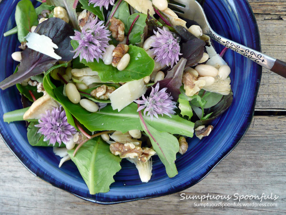 Chive flower, mushroom, white bean and walnut salad