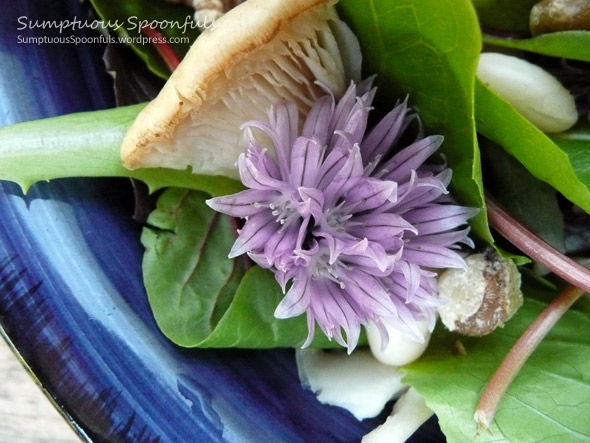 Chive flower, mushroom, white bean and walnut salad
