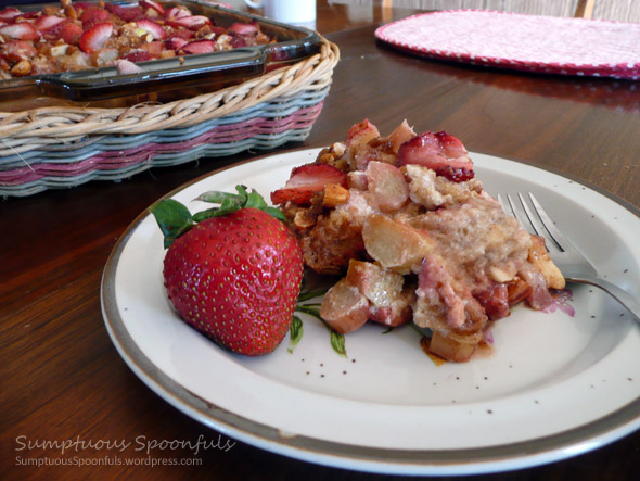 Strawberry Rhubarb Baked French Toast with Almonds & Mascarpone Cheese