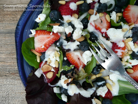 Red, White, and Blueberry Salad with Goat Cheese & Toasted Pinons