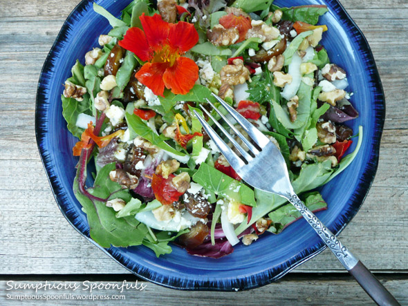 Walnut Date Nasturtium Salad with Sweet Onions and Gorgonzola Cheese