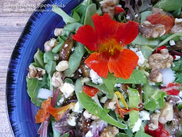 Walnut Date Nasturtium Salad with Gorgonzola Cheese and Sweet Onions