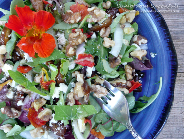 Walnut Date Nasturtium Salad with Honey Lemon Ginger Vinaigrette