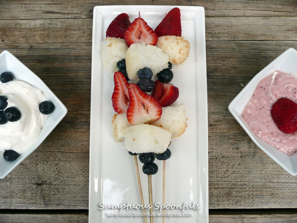 Fourth of July Red White & Blue Fruit Kebabs with dipping sauces