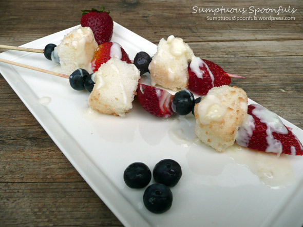 Fourth of July Red White & Blue Fruit Kebabs with dipping sauces