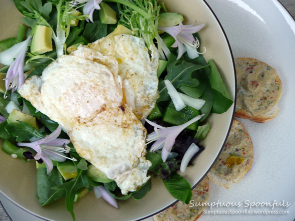 Egg on a Salad with Avocado, Sweet Onion, Hosta Flowers & Sundried Tomato Ranch Dressing