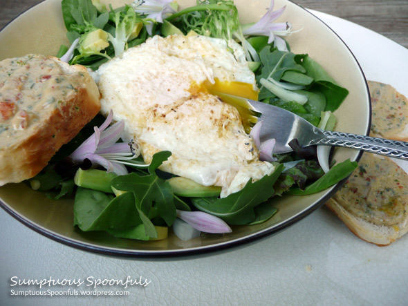 Egg on a Salad with Avocado, Sweet Onion, Hosta Flowers & Sundried Tomato Ranch Dressing