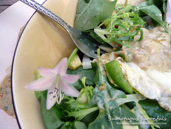 Fried Egg on a Salad with Avocado, Sweet Onion & Sundried Tomato Ranch Dressing