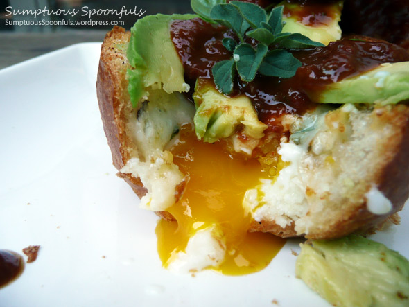 Herbed Baked Egg in a bread bowl with Avocado and a Balsamic Sundried Tomato Ketchup