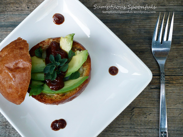 Herbed Baked Egg in a Bun with Avocado, 2 Cheeses & Balsamic Sundried Tomato Ketchup