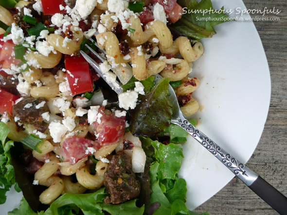 Triple Tomato Pasta Salad with Feta Cheese Crumbles & Sundried Tomato Ranch