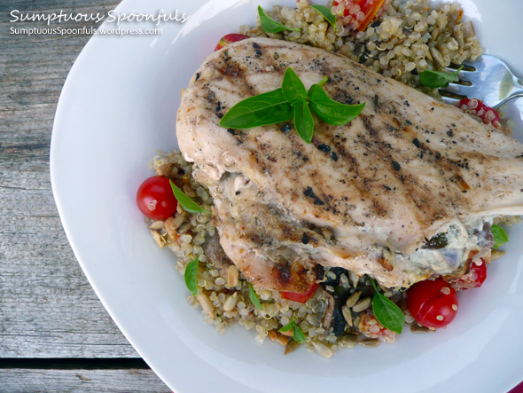 Grilled Stuffed Chicken with Mushroom Cherry Tomato Pilaf