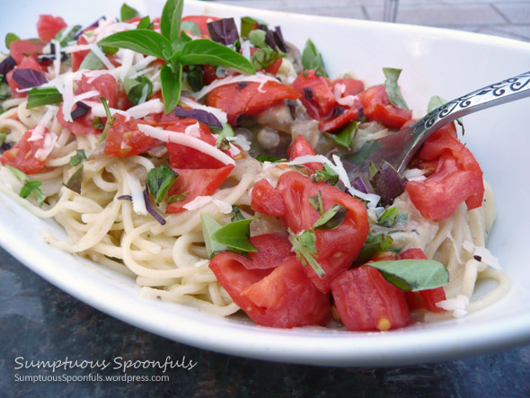 Garlic Prosciutto Cream Noodles with Roasted Tomatoes, Two Cheeses & Fresh Basil