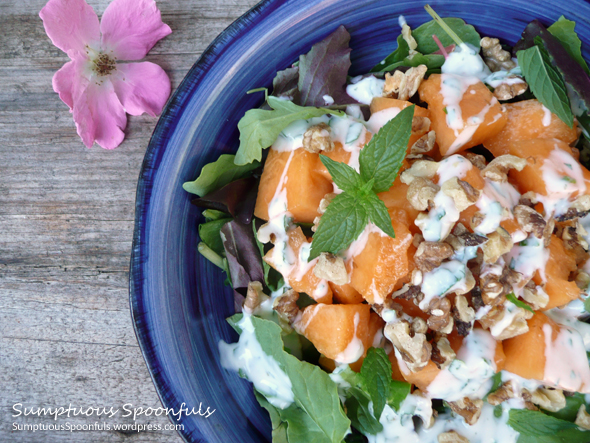 Cantaloupe & Toasted Walnut Salad with Maple Mint Yogurt Dressing