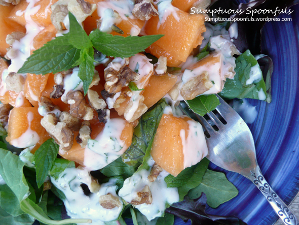 Cantaloupe & Toasted Walnut Salad with Maple Mint Yogurt Dressing