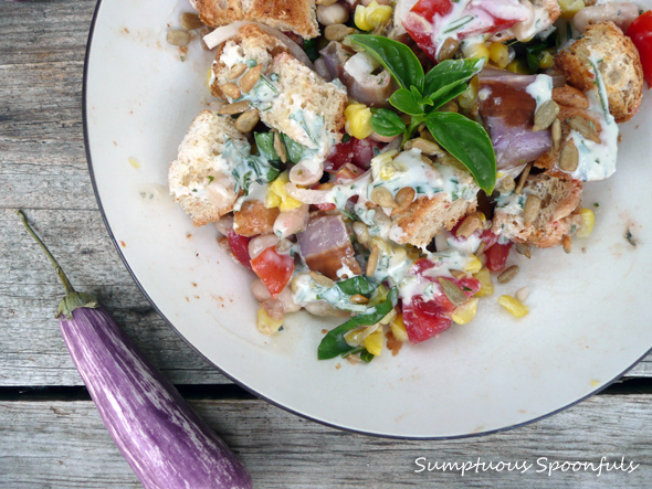 Fairy Tale Eggplant, Tomato, Corn and Bread Salad