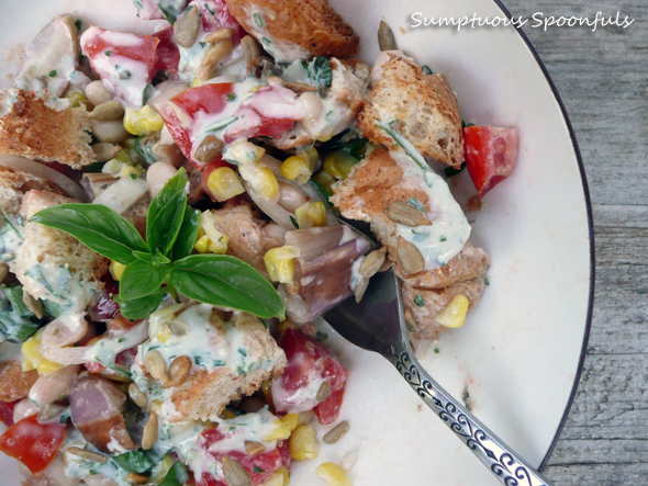 Fairy Tale Eggplant, Tomato, Corn and Bread Salad