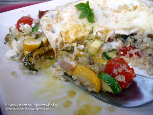 Savory Breakfast Quinoa with Roasted Cherry Tomatoes, Squash and Blue Cheese