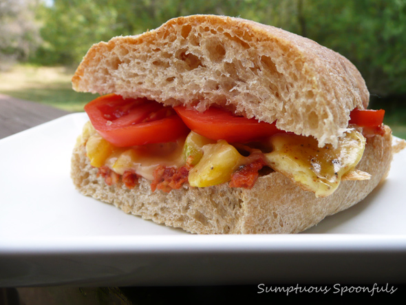 Sweet Pepper Pesto Rosso Breakfast Sandwich on Toasted Ciabatta with Gouda Cheese
