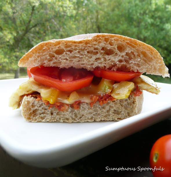 Sweet Pepper Pesto Rosso Breakfast Sandwich on Ciabatta with Gouda