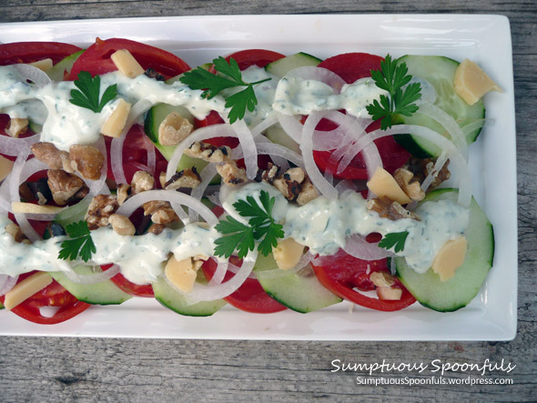 Tomato Cucumber Salad with Tahini Yogurt Ranch Dressing