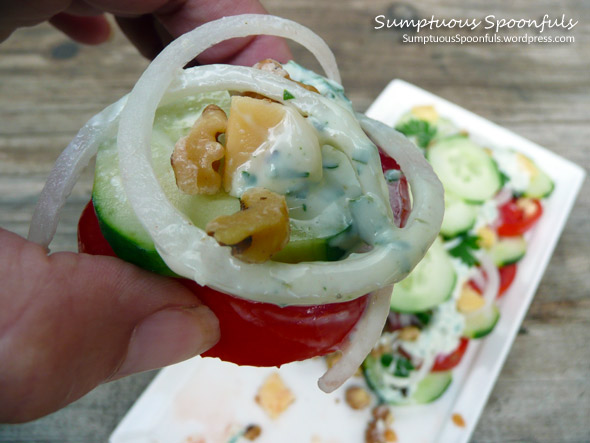 Tomato Cucumber Salad with Toasted Walnuts, Edam Cheese & Tahini Yogurt Ranch Dressing