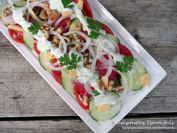 Tomato Cucumber Salad with Tahini Yogurt Ranch Dressing