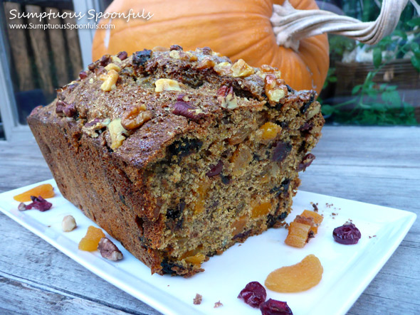 Drunk n Nutty Pumpkin Amaretto Fruitcake ~ SumptuousSpoonfuls.com #pumpkin #recipe #cranberries #fruitcake