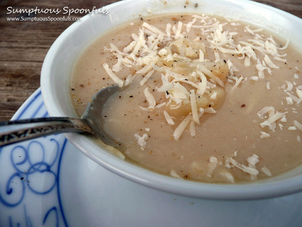 Cauliflower Potato Parmesan Soup ~ Sumptuous Spoonfuls #potato #cauliflower #parmesan #soup #recipe
