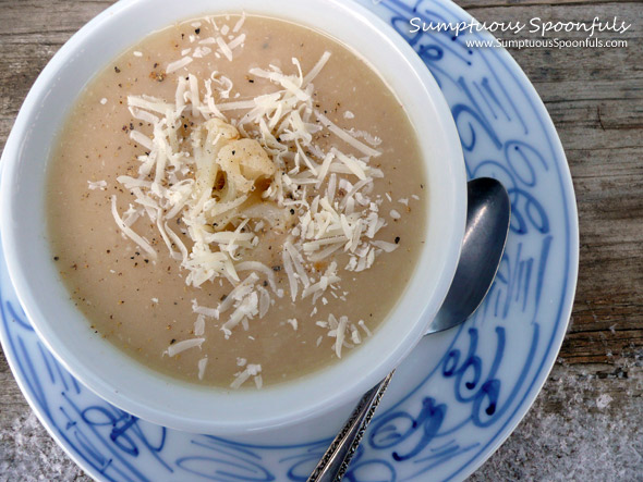 Cauliflower Potato Parmesan Soup ~ Sumptuous Spoonfuls #potato #cauliflower #parmesan #soup #recipe