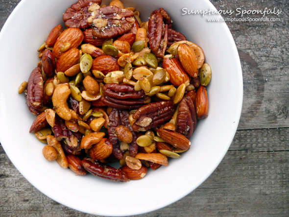 Italian Rosemary Garlic Scented Nuts ~ Sumptuous Spoonfuls #spiced #nuts #holiday #gift #recipe